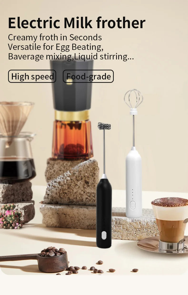 HOT Electric Milk Frother + Egg Beater Wireless Type-C Charging 3 Speeds Mini Handheld Foam Maker Coffee Whisk Cooking Tools