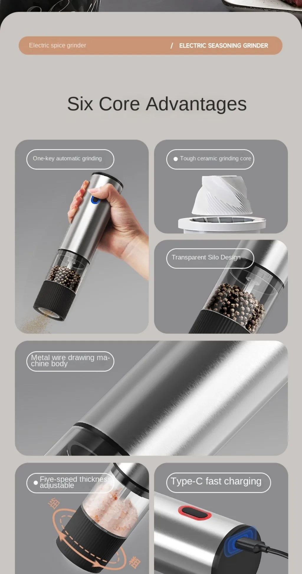 1pc/2pcs Electric Salt and Pepper Grinder Automatic Rechargeable Pepper Mill Shakers External Adjustable Coarseness Kitchen