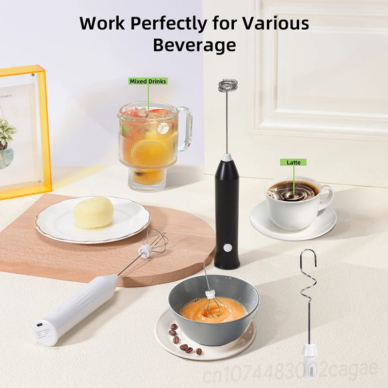 HOT  Electric Milk Frother + Egg Beater Wireless Type-C Charging 3 Speeds Mini Handheld Foam Maker Coffee Whisk Cooking Tools