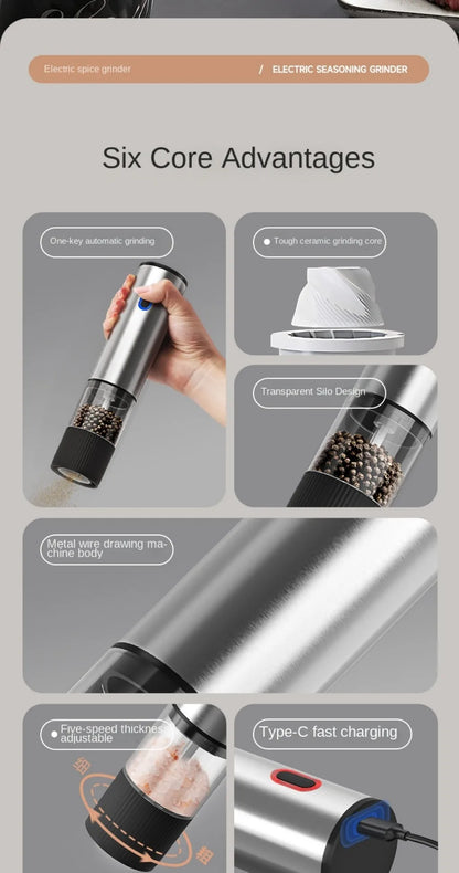 1pc/2pcs Electric Salt and Pepper Grinder Automatic Rechargeable Pepper Mill Shakers External Adjustable Coarseness Kitchen
